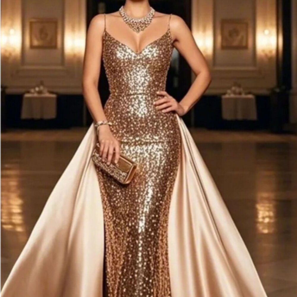 Chiclody Formal Evening Sequin Dress Champagne Slip Satin Train Gown